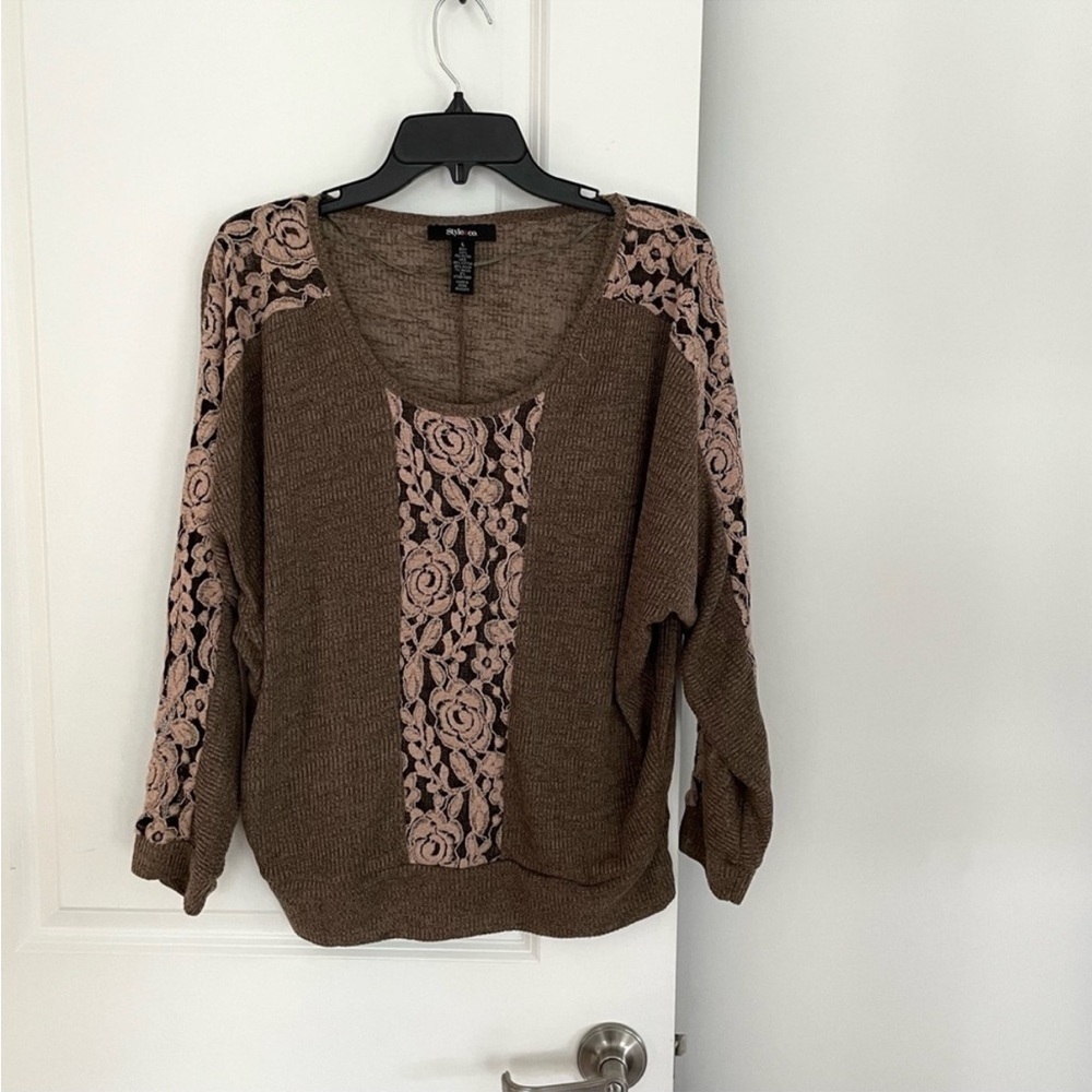 Style & Co Brown and Beige Lace Panel Sweater Scoop Neck Size L
